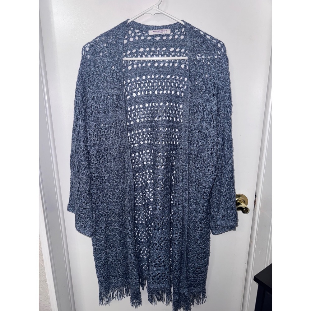 Allison Daley Plus Blue Marl Open Knit Crochet Fringe Cardigan Sweater